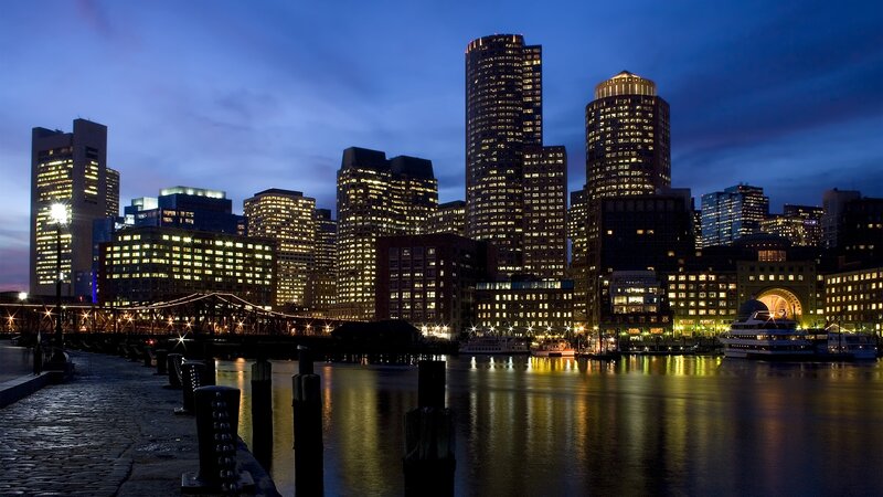 Boston Skyline at Night — Blue, Calm, Photograph, Skyscrapers, Water