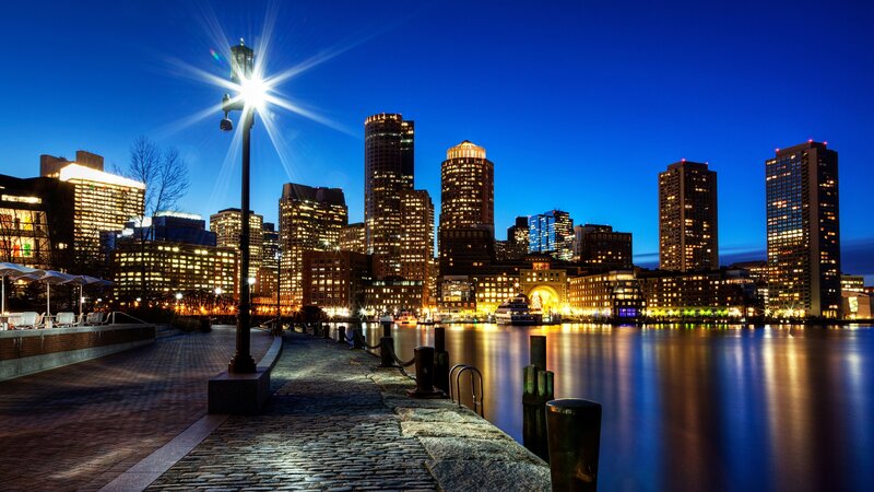 Boston Skyline at Night — Blue, Serene, Photograph