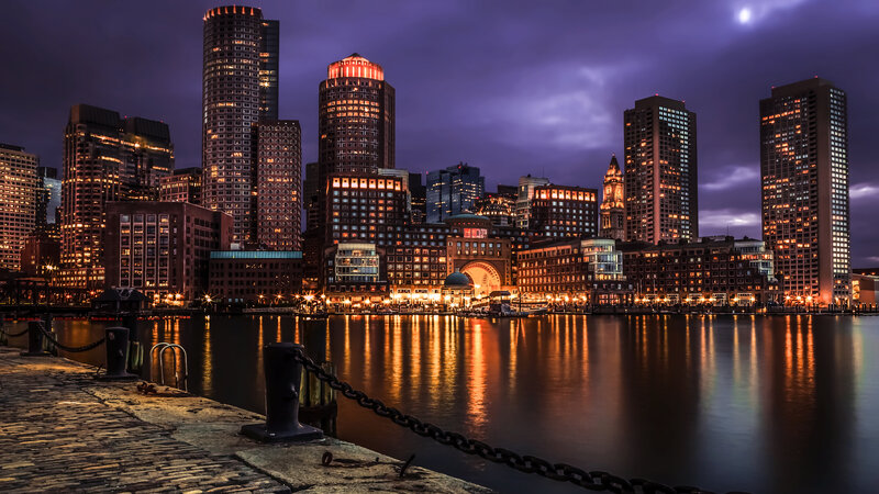 Boston Skyline at Night — Purple, Dramatic