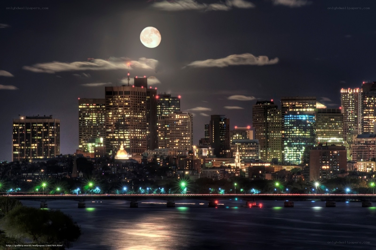 Boston skyline at night with full moon
