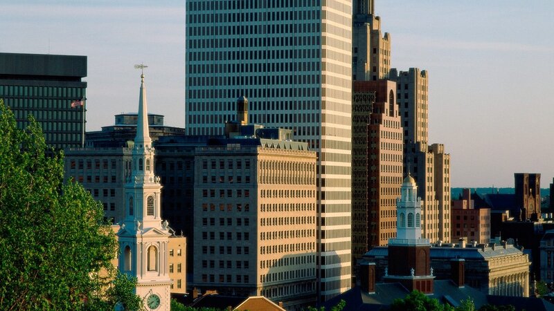 Boston skyline with historic church
