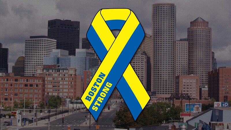 Boston Strong ribbon over city skyline
