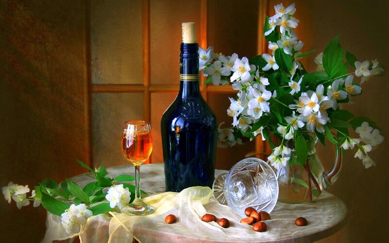 Bottle and Flowers on Table — Blue