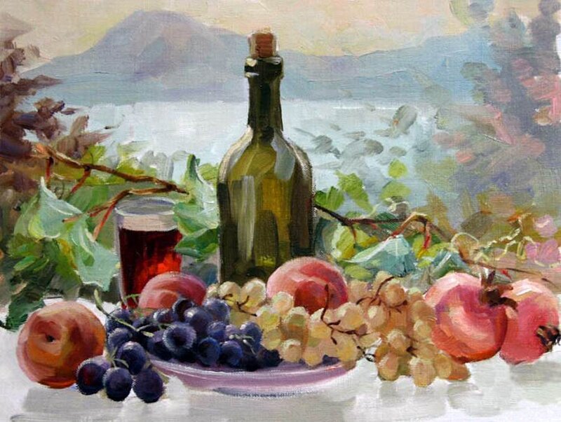 Bottle and Fruit on Table