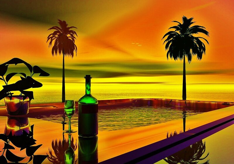 Bottle and Glass on Poolside