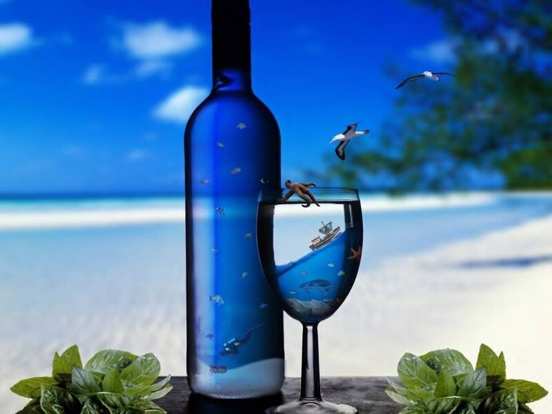 Bottle and Glass with Ocean Scene