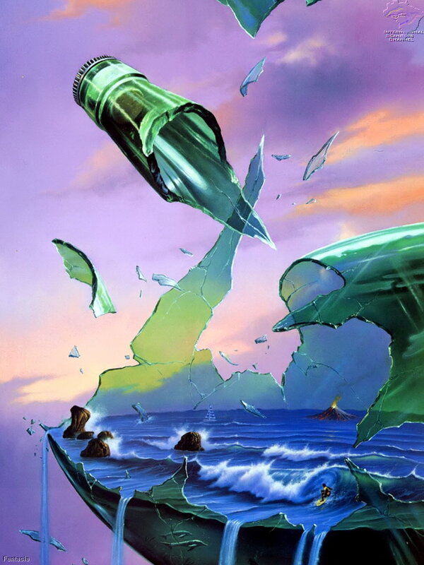 Bottle breaking over ocean