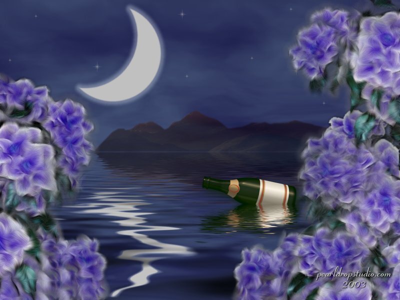 Bottle floating on a lake at night