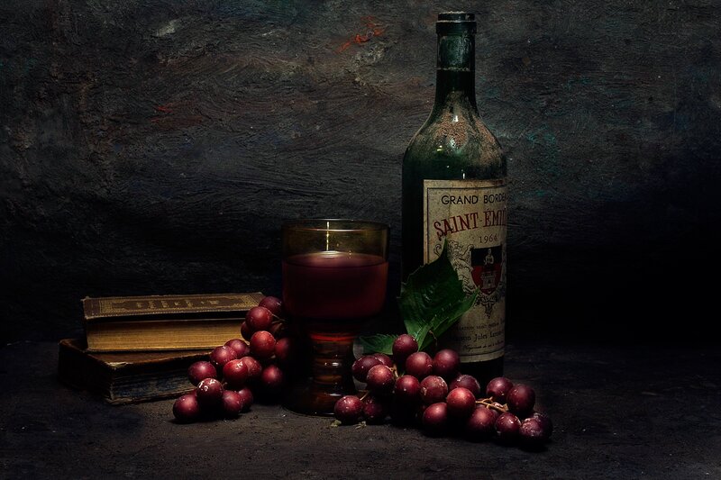 Bottle of Wine and Grapes