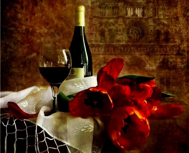 Bottle of Wine and Tulips