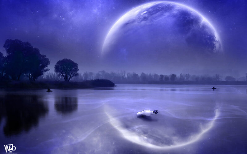 Bottle on a lake under alien moon