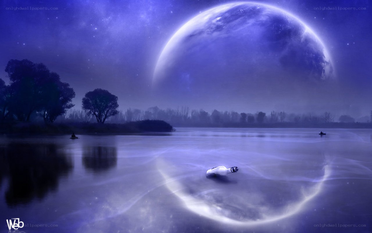 Bottle on a lake under alien moon