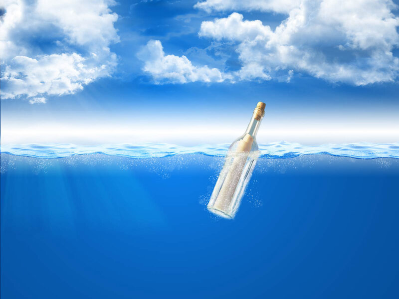 Bottle with Message in Water — Blue, Serene, Afternoon, Digital Art, Clouds, Sky