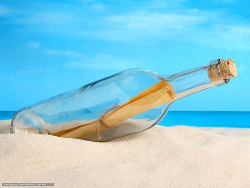 Bottle with Message on Beach — Blue, Serene, Afternoon, Photograph, Sand, Ocean, Sky, White