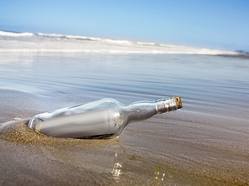 Bottle with Message on Beach — Blue, Serene, Afternoon