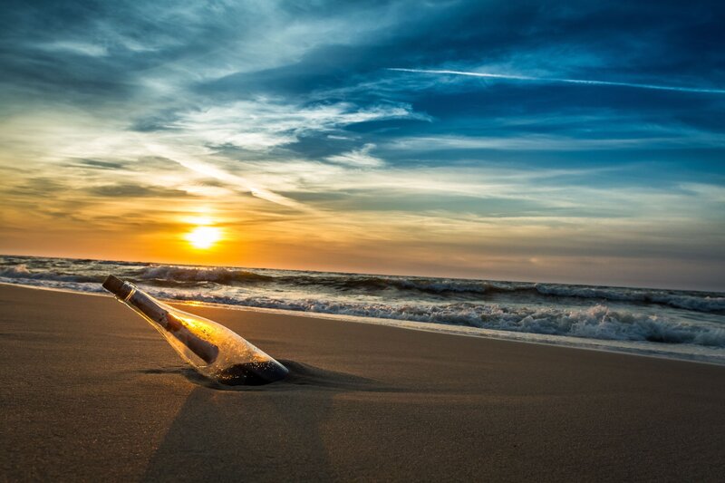 Bottle with Message on Beach — Blue, Serene, Sunset