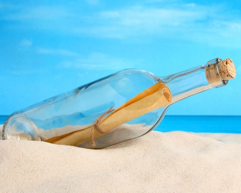 Bottle with Message on Beach — Blue, Serene