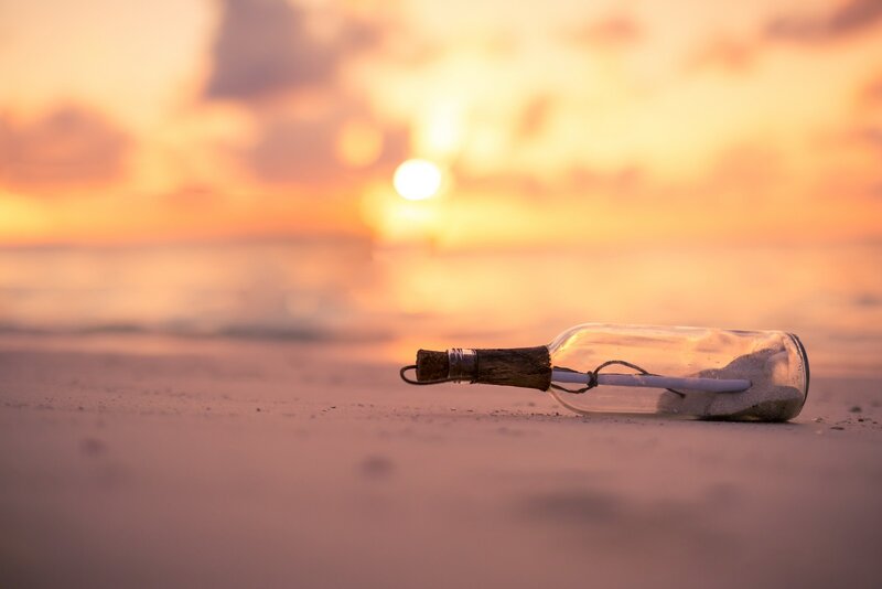 Bottle with Message on Beach — Orange, Serene, Sunset, Photograph