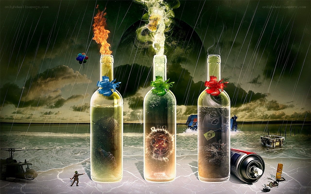 Bottled disasters on a stormy shore