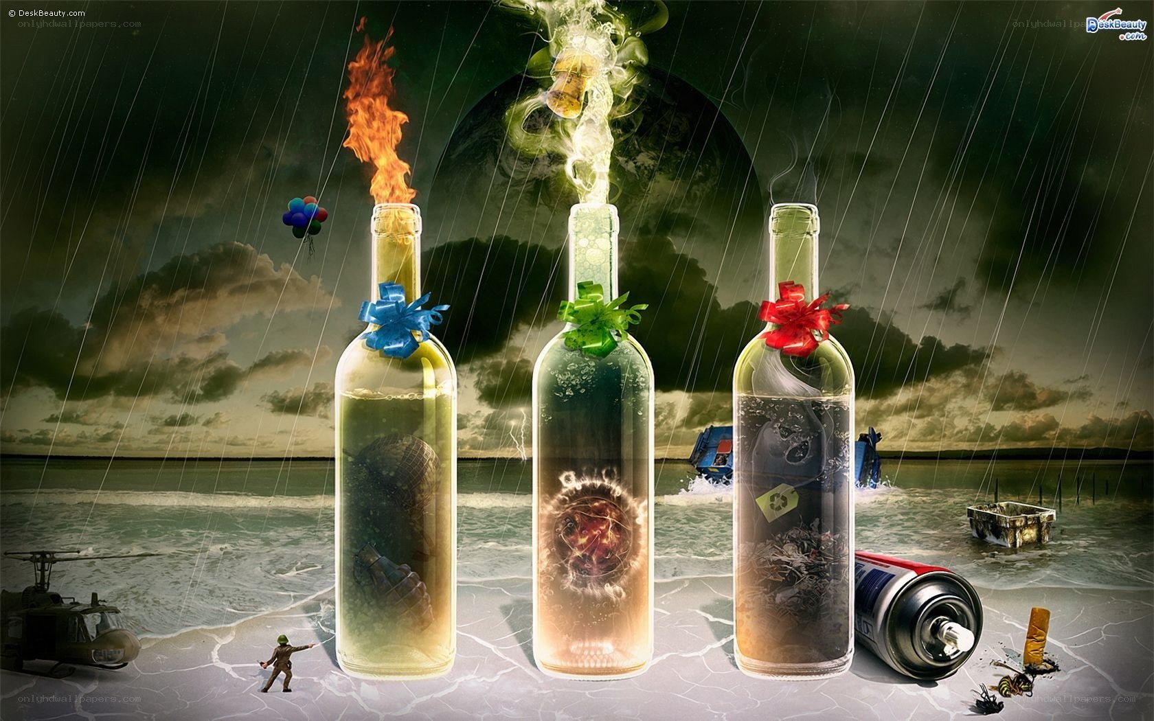 bottled disasters on a stormy shore