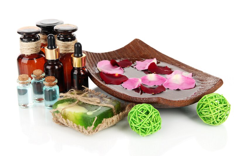 Bottles and Soap with Rose Petals