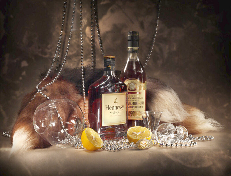Bottles of Liquor on Fur