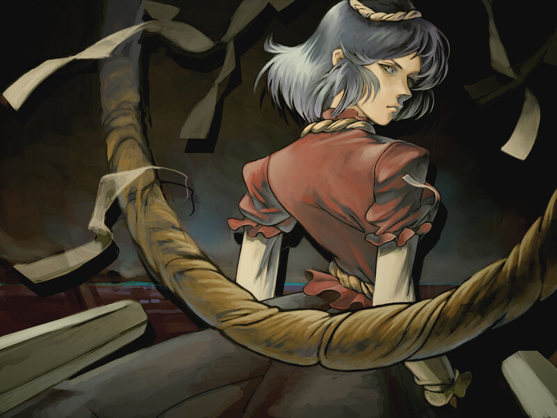bound character in red shirt