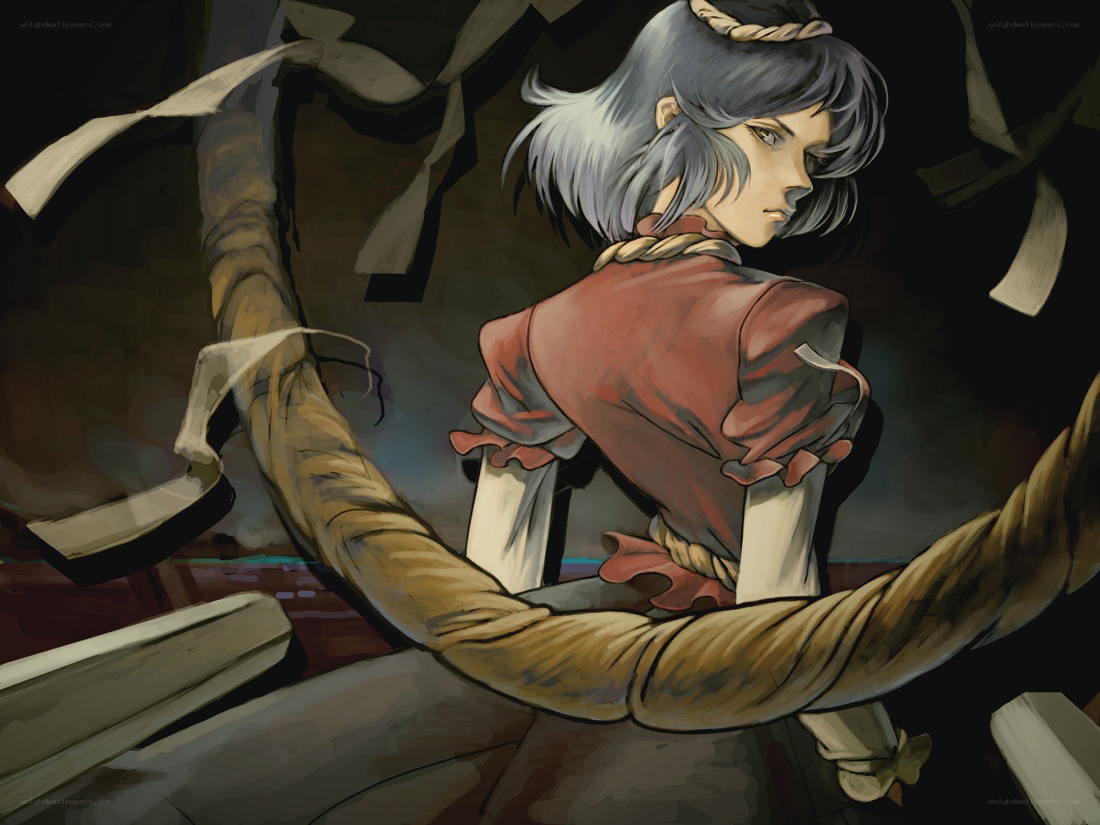 bound character in red shirt
