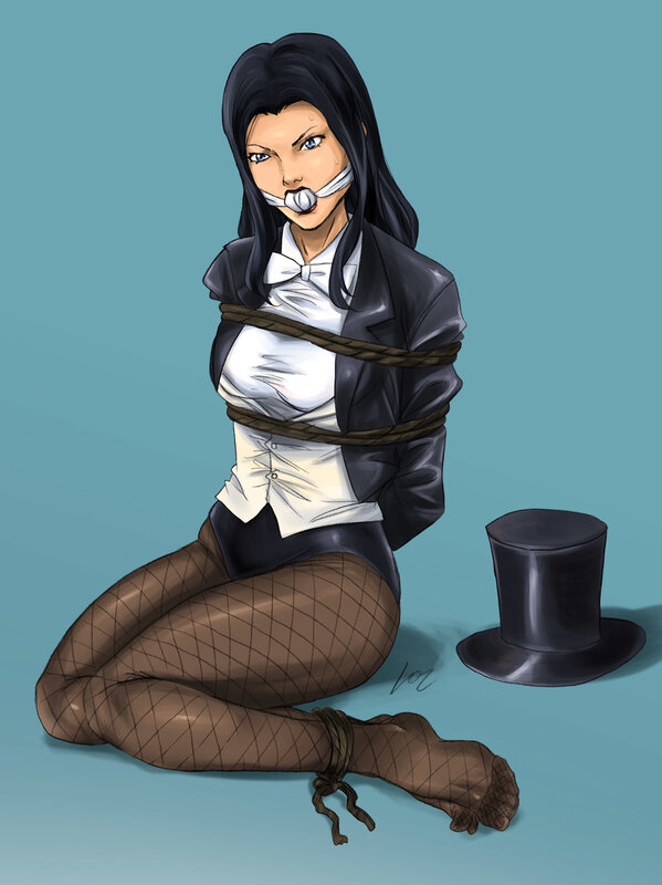 bound woman in fishnet tights