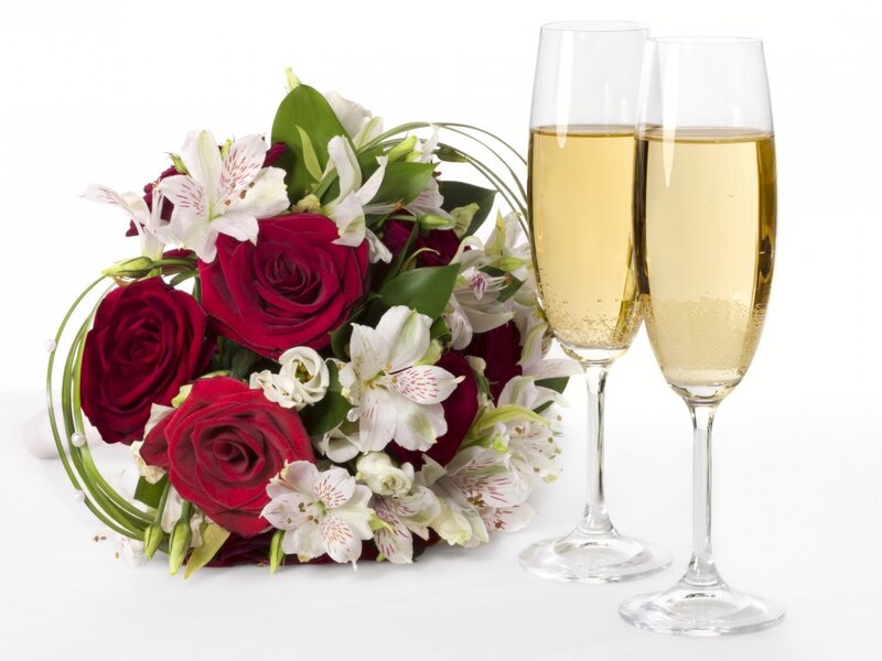 Bouquet and Champagne Glasses — Red, Celebratory, Photograph