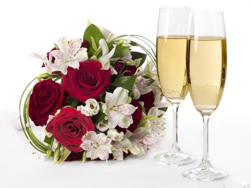 Bouquet and Champagne Glasses — Red, Celebratory