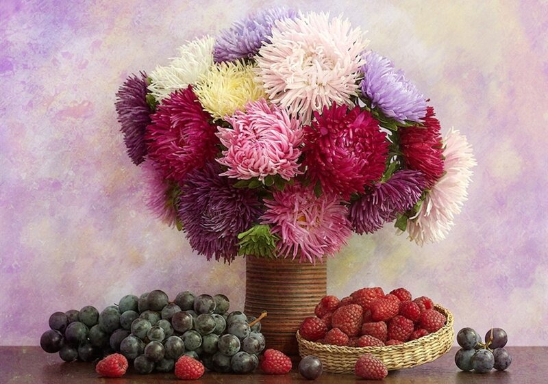 Bouquet of Asters and Fruit