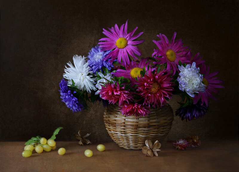 Bouquet of Asters in Basket