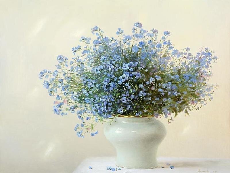 Bouquet of Blue Flowers — Serene, Painting, Vase