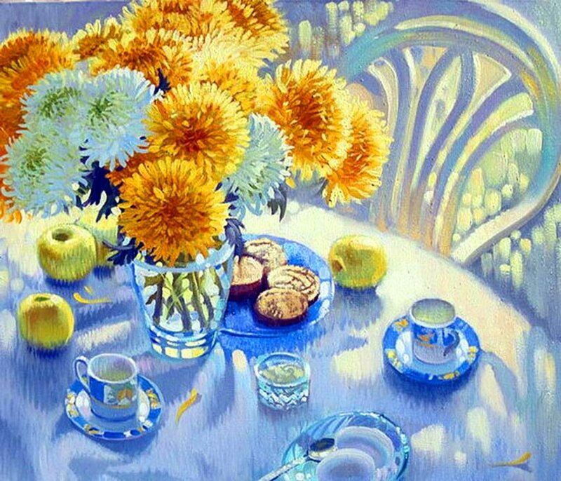 Bouquet of Chrysanthemums — Blue