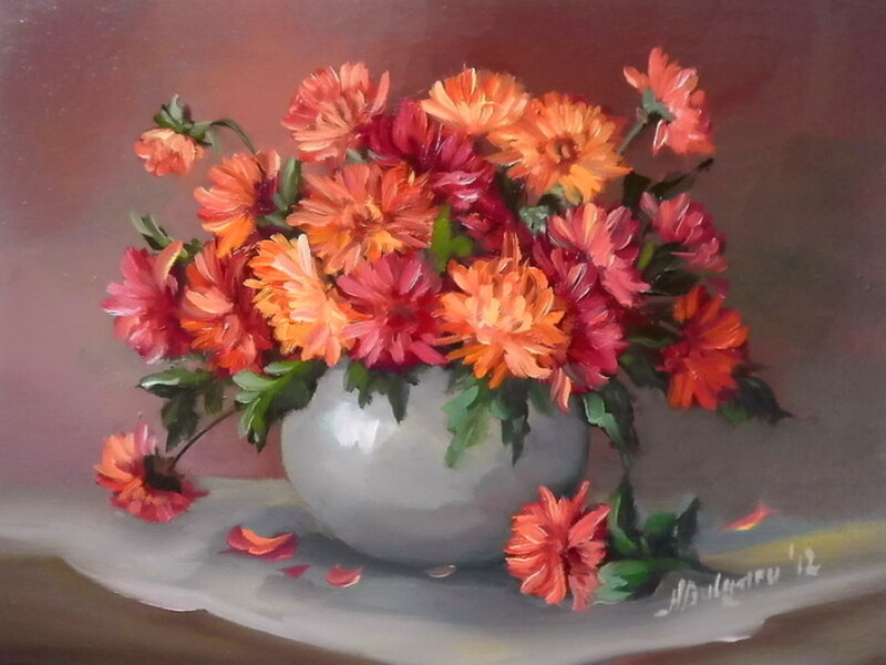 Bouquet of Chrysanthemums — Orange, Calm, Painting