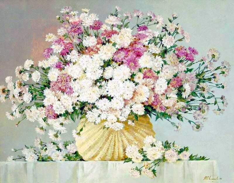 Bouquet of Chrysanthemums — White, Calm, Painting