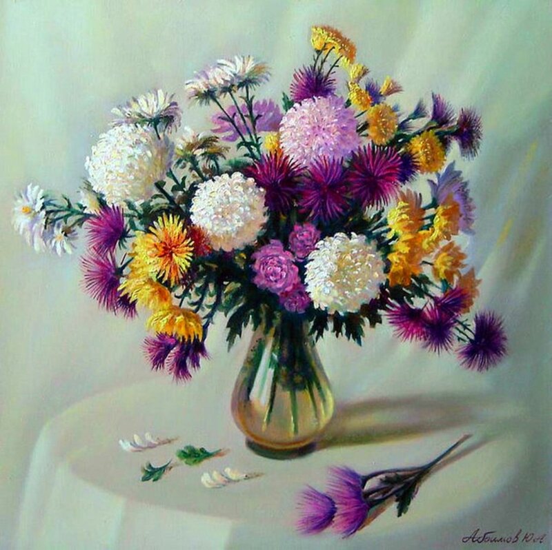 Bouquet of Chrysanthemums — White, Calm, Painting, Vase