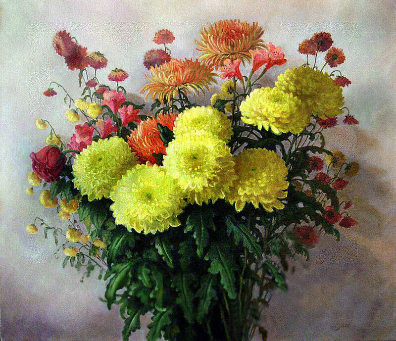 Bouquet of Chrysanthemums — Yellow, Calm, Painting