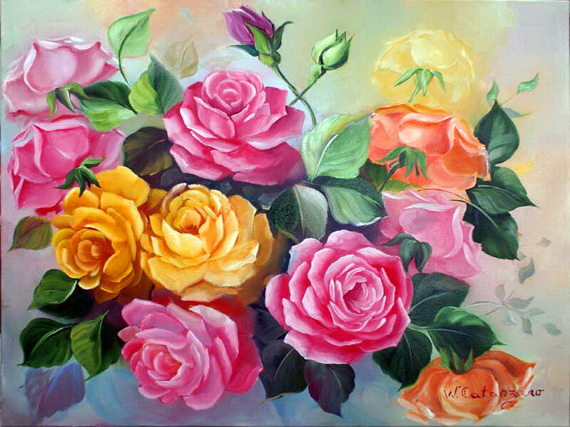 Bouquet of Colorful Roses — Pink, Serene, Painting