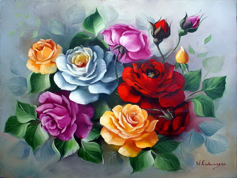 Bouquet of Colorful Roses — Red, Calm, Painting