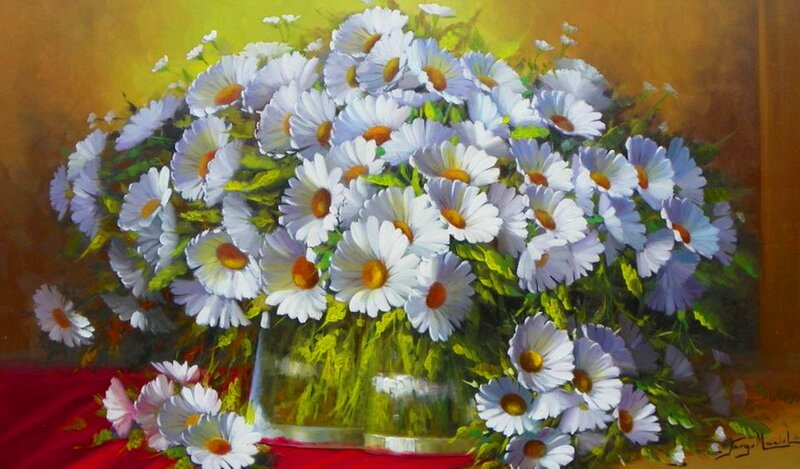 Bouquet of Daisies — White, Calm, Painting, Vase