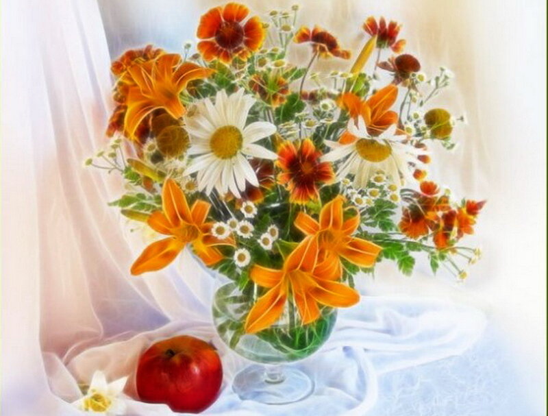 Bouquet of Flowers and Apple