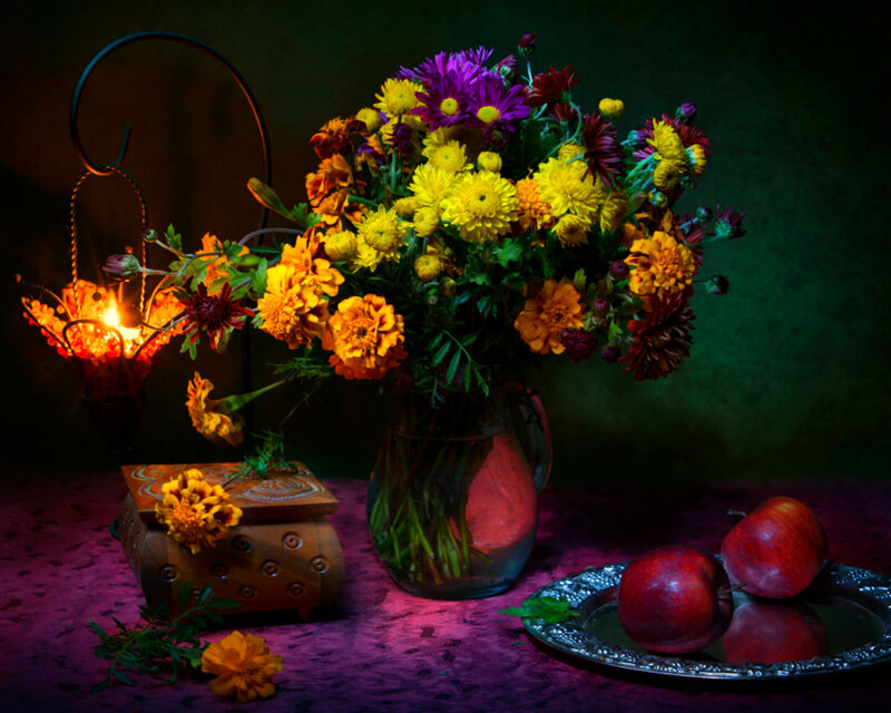 Bouquet of Flowers and Apples — Purple, Dramatic