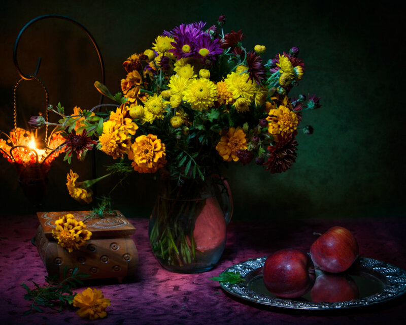 Bouquet of Flowers and Apples — Yellow, Dramatic