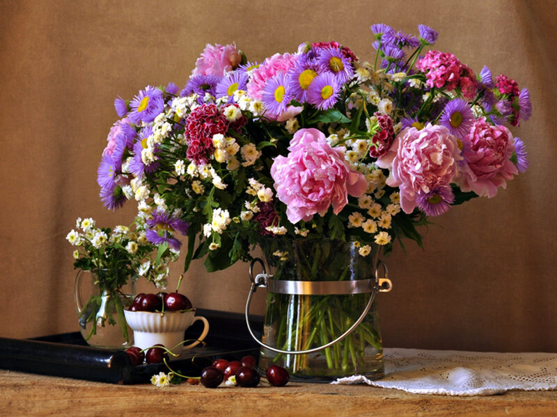 Bouquet of Flowers and Cherries — Purple