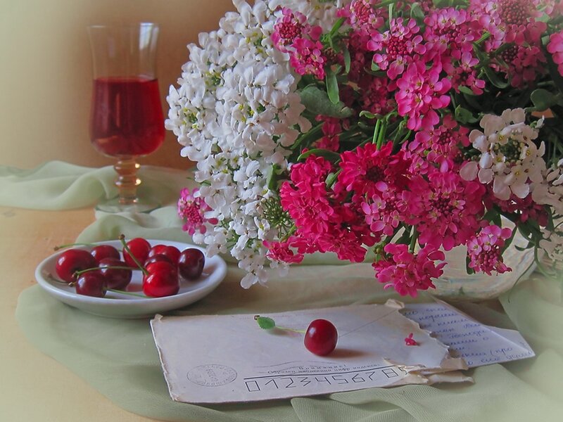 Bouquet of Flowers and Cherries
