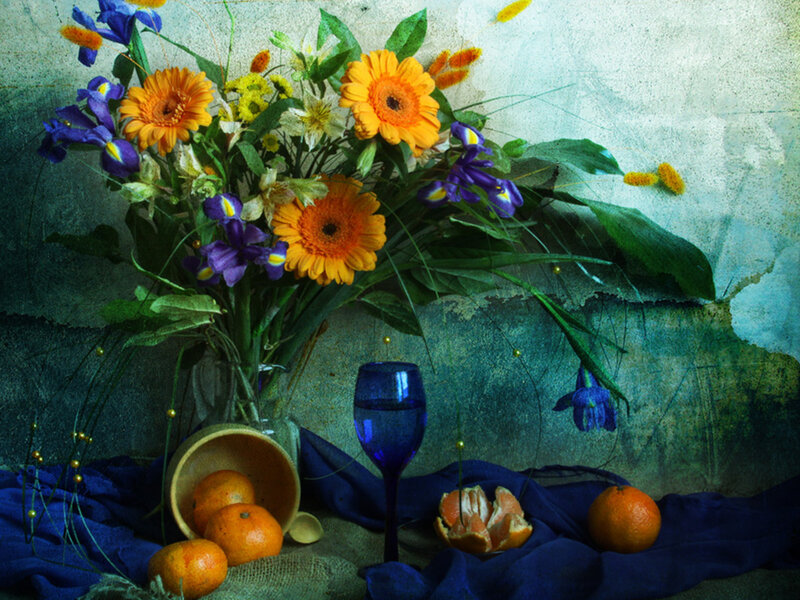 Bouquet of Flowers and Fruit — Blue, Dramatic