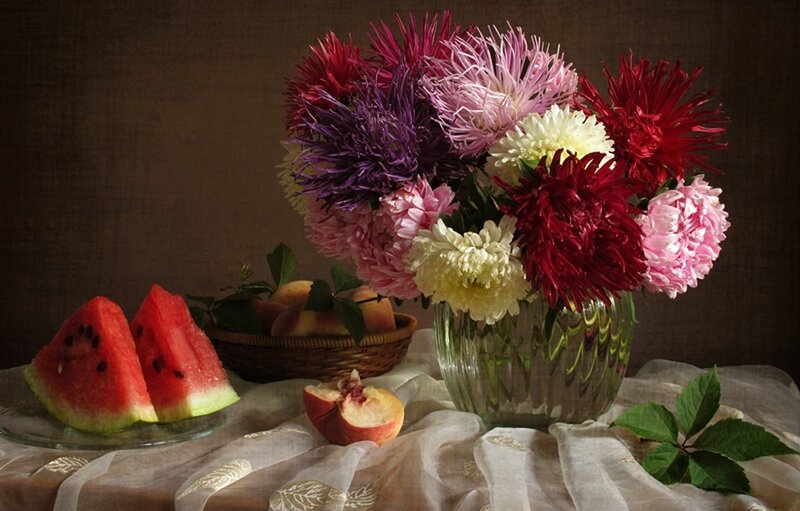 Bouquet of Flowers and Fruit — Purple, Dramatic, Afternoon