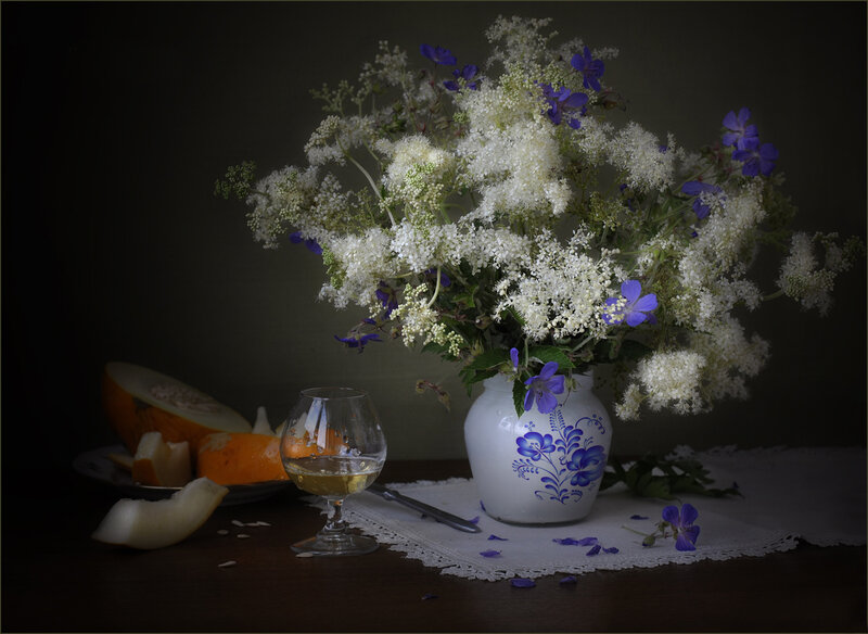 Bouquet of Flowers and Fruit — White, Dramatic, Photograph